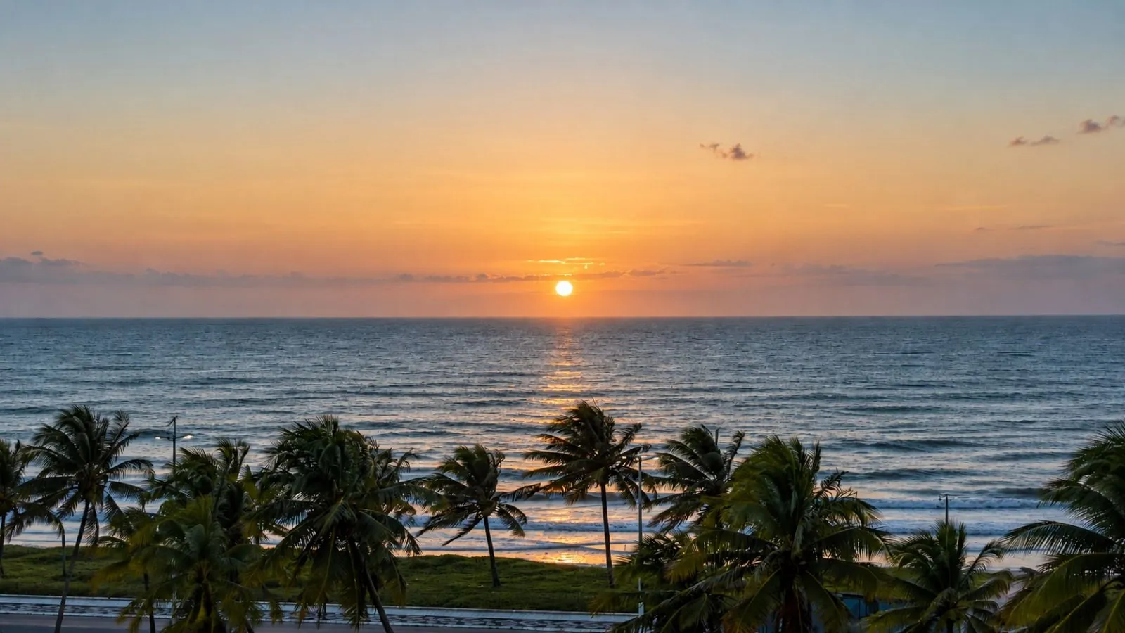 Pôr do sol sobre o mar, com coqueiros em primeiro plano